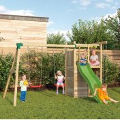 Parque infantil de madera Fungoo Houser con tobogán, dos columpios y casita de juegos - 4