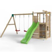 Parque infantil de madera Fungoo Houser con tobogán, dos columpios y casita de juegos